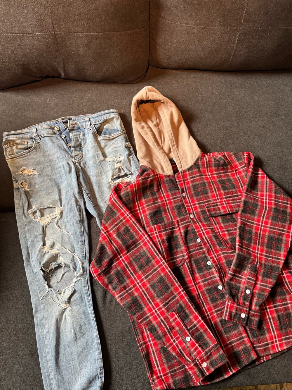 Red Flannel and Light Blue Men's Denim Jeans